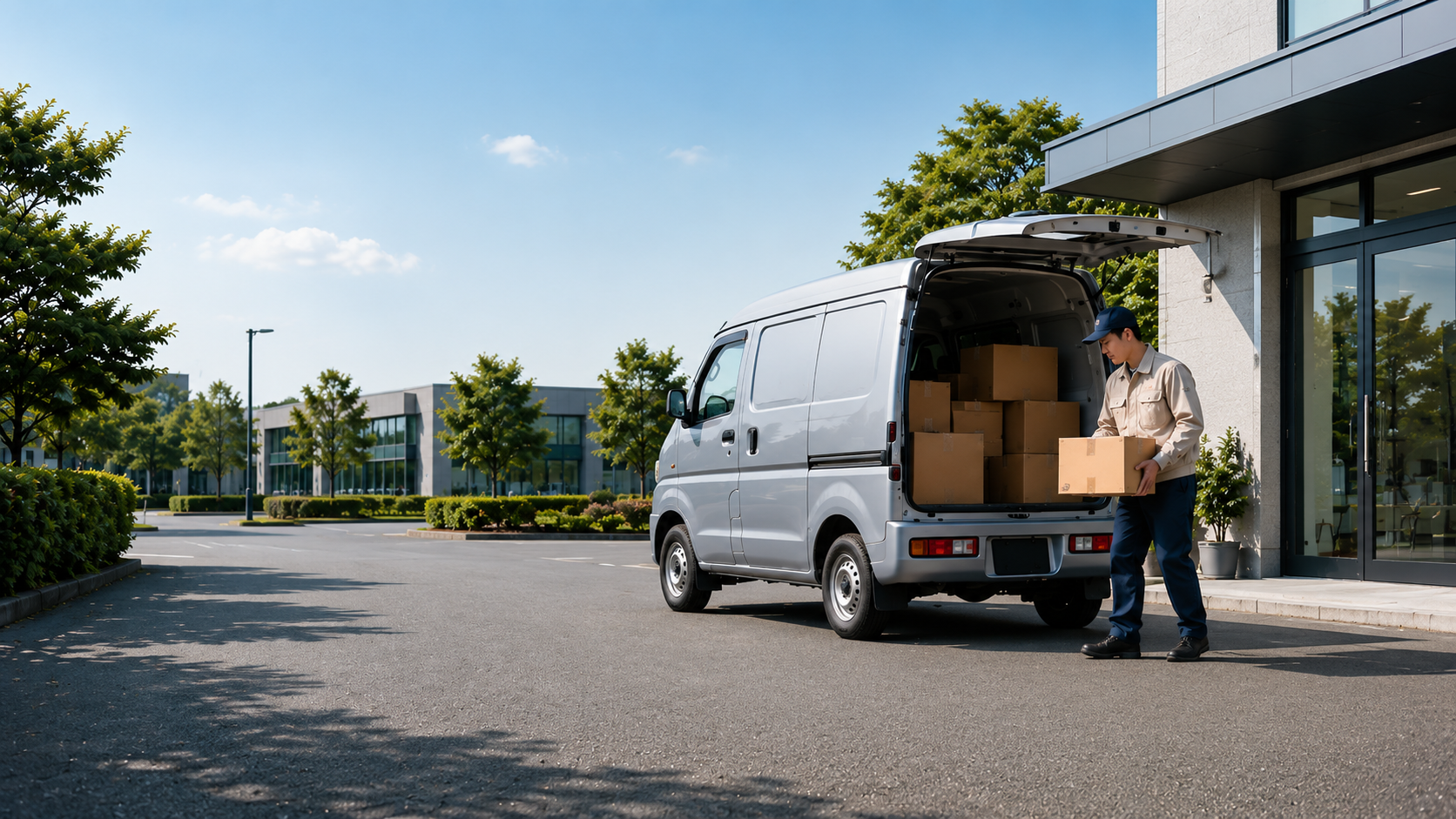 企業向け配送の準備を行う軽貨物車両と作業員の写真